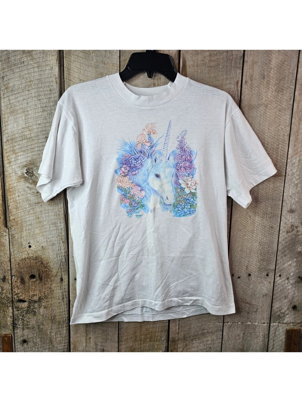 Vintage 90s Fruit of the Loom Unicorn T-Shirt Women's M White Fantasy Floral Tee